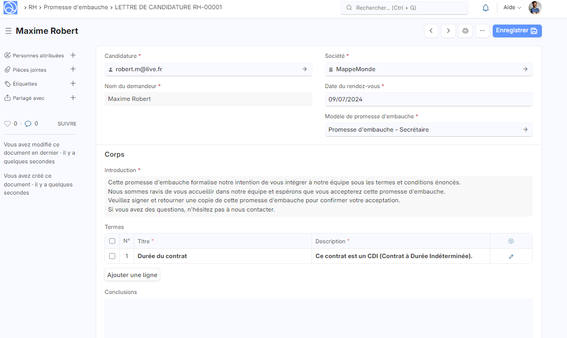 Cette image permet de visualiser le formulaire : Promesse d'embauche.