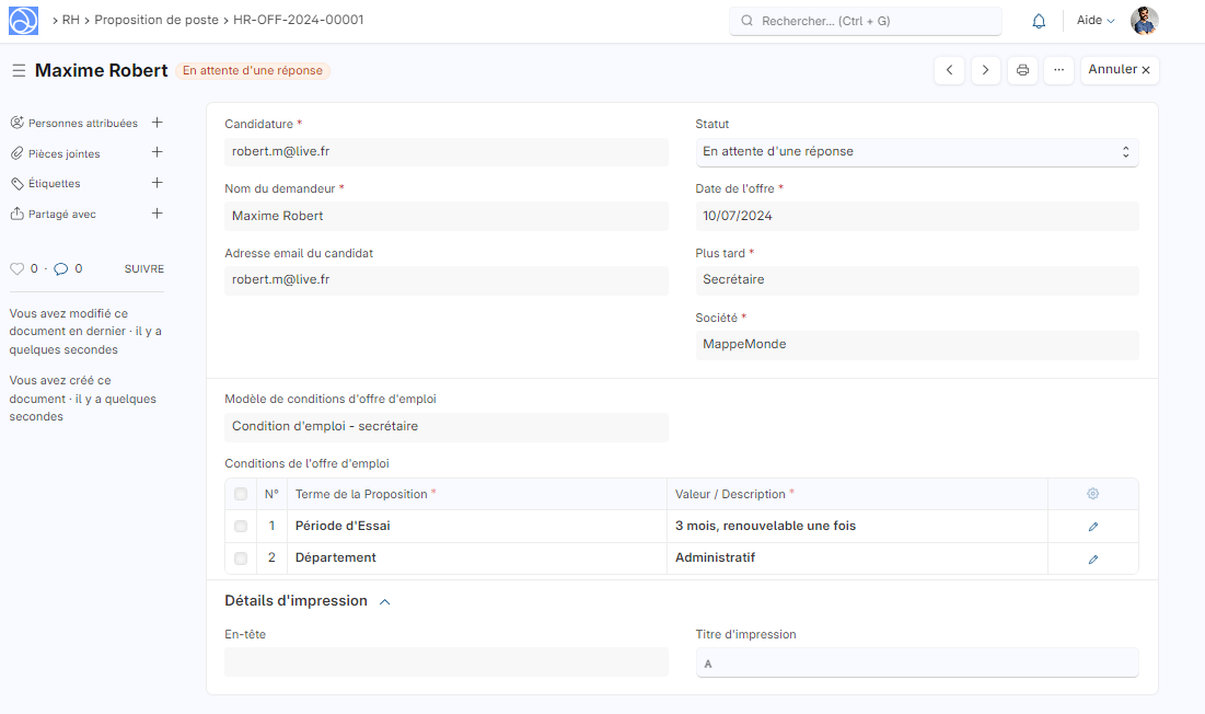 Cette image permet de visualiser le formulaire : Proposition de poste.