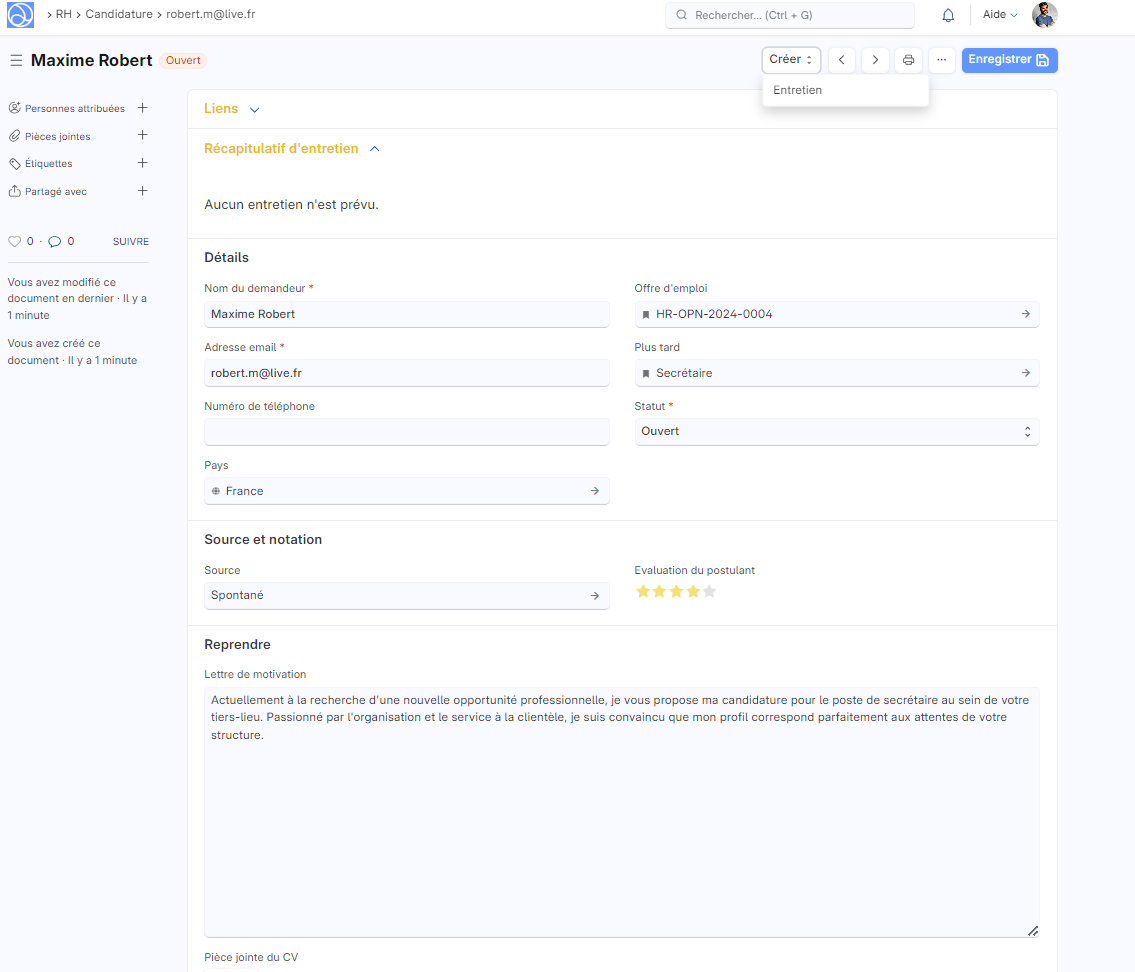 Cette image permet de visualiser le formulaire : Candidature.