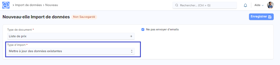 Image permettant de visualiser le champ : Type d'import.